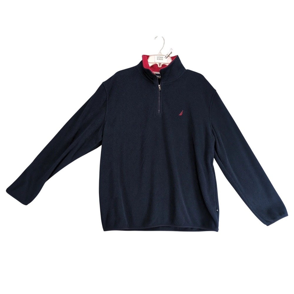Nautica Blue Fleece Jacket Mens L 1/4 Zip Pullover Red Embroidered Logo Coastal